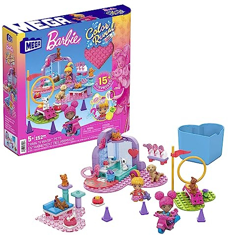 MEGA HHP89 - Barbie Color Reveal Bauspielzeug, Tiere zum Trainieren und Waschen mit 2 kleinen Barbie-Puppen, Zubehör, 6 Tieren, Farbwechsel und 15 Überraschungen, Konstruktionsspielzeug ab 5 Jahren