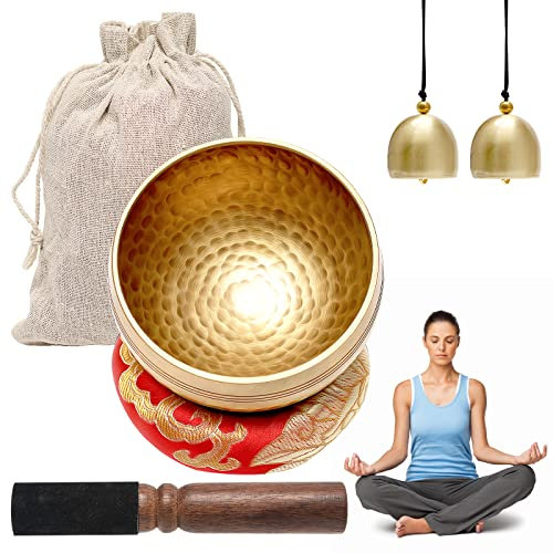 UMILKI Tibetisches Klangschalen Set,Meditationsklangschale,Ø 8.6cm Hand gehämmert Messing Klangschale Holz Klöppel,Klangschalenkissen& 2Pcs Messingglocke Yoga Meditation,Gold/Holzfarbe,YG-6