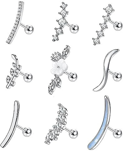 Adramata 9 Stück Piercing Helix 16G Chirurgenstahl Knorpelohrringe Ohrstecker Schlangenblume Opal CZ Tragus Ohrringe für Frauen Conch Knorpel Ohrpiercing Gold Silber Helix Piercing Ohr Schmuck,S
