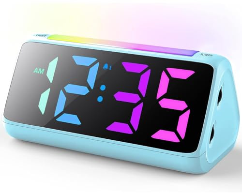 Alarm Clocks Bedside, Digital Clock for Bedroom, Kids Alarm Clock with RGB Nightlight, Large Digits, Full Range Brightness Dimmer, Snooze, Dual Alarms, 12/24H, Bedside Clocks for Kids (RGB Blue)