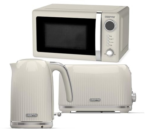 Geepas Electric Kettle 2 Slice Bread Toaster & Microwave Kitchen Set | 3000W 1.7L Textured Cordless Kettle | 2 Slice Toaster with 7 Level Browning Control | 700W Digital Microwave 20L, Cream