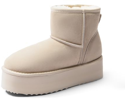 DREAM PAIRS Invernali Stivali da Classici con Plateau da Donna Resistenti Bassi Stivali da Neve alla Caviglia con Fiocchi Fai da Te FuzzyClassic,Size 43,Sabbia,SDSB2428W
