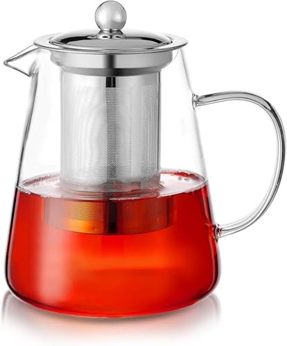PluieSoleil 1400ML Clear Glass Teapot with Infuser, Round Shape Infuser Tea Pot, Heat-Resistant Borosilicate Glass Strainer Teapot, Stovetop Safe Tea Maker