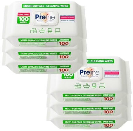 Preline Multi Surface Oberflächenreinigungstücher, feuchte Allzwecktücher extra dick & breit, weißer Seifenduft, für Haushalt, Küche & Bad, 100 Stück (6er Set)