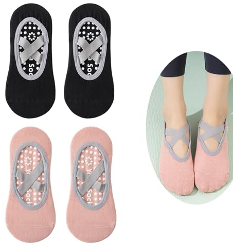 Enreluya Calcetines De Yoga (2 Pares), Tallas 35-38 Calcetines Pilates Mujer Antideslizantes, Fitness Antideslizantes, Para Pilates, Danza, Fitness, Negro + Rosa