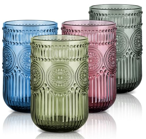Joeyan 41cl Multicolore Bicchieri da Acqua in Vetro,Set di 4 Vintage Tumbler con Floreale Rilievo Per Acqua Gassata,Aperitivo,Succo di Frutta e Bibite,Lavabile in Lavastoviglie (Verde Rosa Blu Grigio)