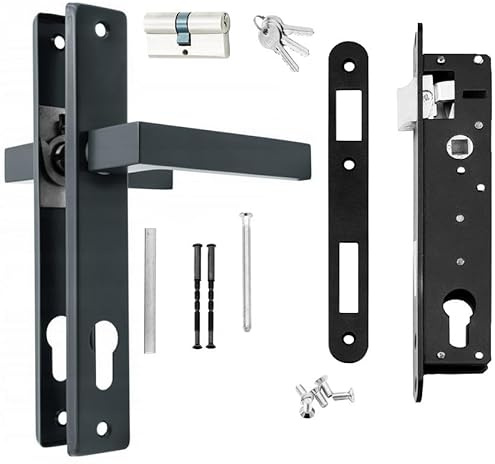 QRS - Drückergarnitur Gartentor - Gartentor Schloss - Komplettset Türdrückerpaar für Außeneinsatz, Einsteckschloss, Messingzylinder - aus verzinktem Stahl, Pulverbeschichtet Graphit RAL 7016