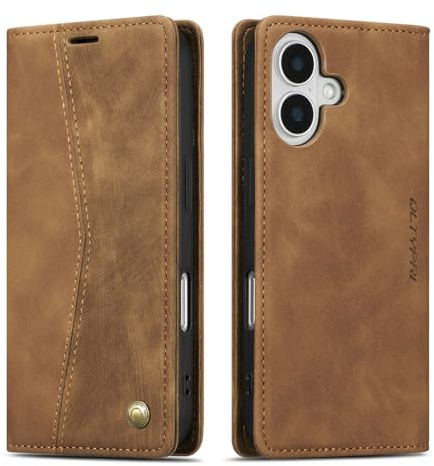 QLTYPRI Fodral för iPhone 17 6,3 tum, läder vikbart fodral, retro brun | Vintage PU-läderfodral, mobiltelefonfodral med 2 kortfack, ställfunktion, mjuk TPU-ram, stöttåligt flip plånboksfodral
