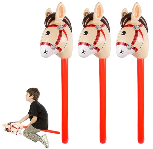 poraceous 3 Stück Aufblasbares Pferd, Hohe Qualität PVC Wiederverwendbarer Hobby Horse, Niedlicher Steckenpferd Aufblasbar Stab für Geburtstag Geschenk, Fasching, Karneval, Motto Party