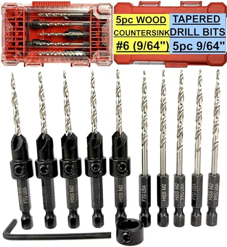 FTG USA 5 Pc #6 (9/64) Countersink Drill Bit Set with 5 Pc Replacement Tapered Drill Bits for Wood in Storage Container