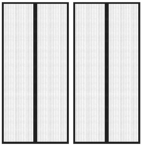 Cortina de puerta antiinsectos magnética negra 220 x 110 cm, 2 paneles de poliéster impermeable, cierre automático con imanes, fácil de instalar con ganchos y clavos