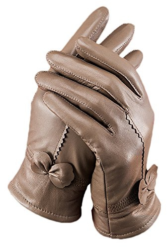 Butterme Guantes de cuero de piel de oveja suave de lujo con diseño de punto de bowknot forro polar 100% guantes de cuero (Khaki)