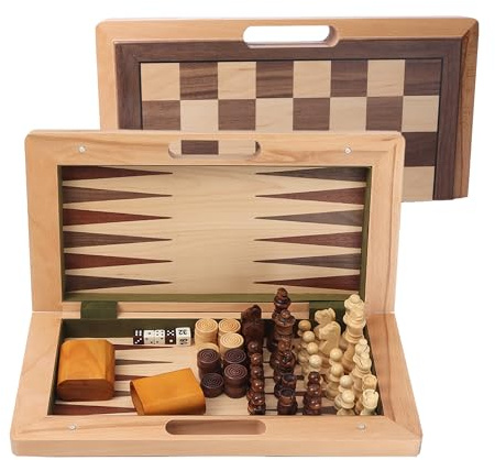 GSE Games & Sports Expert 16 Deluxe 3-in-1 Wooden Folding Chess, Checker & Backgammon Board Game Combo Set, Portable Travel Game Set for Kids & Adults