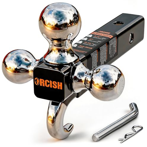 ORCISH Trailer Hitch Tri-Ball Mount with Tow Hook & Pin, Chrome Trailer Ball Sizes 1-7/8, 2 & 2-5/16, Fit 2 Inch Hitch Receiver, 10,000 LBS Max Towing Capacity for RVs, SUVs, ATVs & Trucks