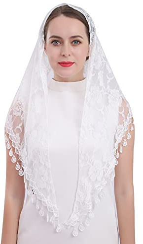 Cilkus Lace veil Mantilla veil Shawl or Scarf Latin Mass Head Cover with Fringed lace (White)