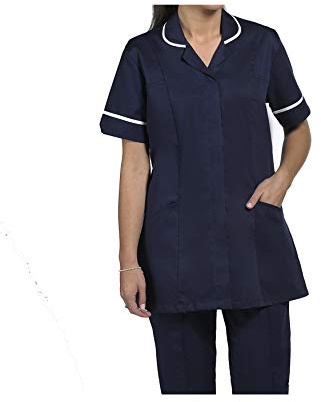 Skywear T66 Ladies Tunic Tops - Women's Healthcare & Beauty Tunics for Women UK | Work Uniforms for Office, Salon, Nurse & Spa - Multicolor Short Sleeve Tops, Navy with White, 12