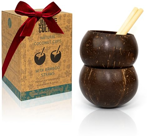 Jungle Culture® Real Coconut Shell Cups for Malibu Cocktails & Smoothies • Small Coconut Bowls & Bamboo Straws • Natural Wooden Cup, Mugs/Tumblers for Party • Sustainable Gifts