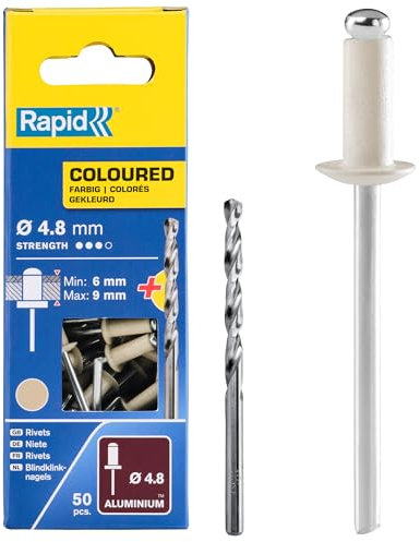 RAPID - Rivets Pop en Aluminium Ø4.8 x 12 mm, Coloris Blanc Crème, Rivets Aveugles pour Gouttières / Tuyaux / Tôle - Foret Inclus - 50 Pièces, Emballage Carton (5001469)