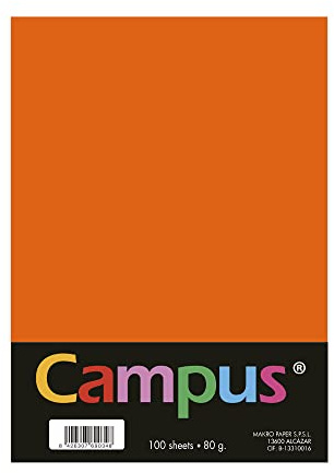 Campus - Papel de Colores A4 100 Unidades, 80g/m², 210 x 297 mm. Papeles A4 de colores con tacto suave, perfectas para encuadernación, oficina, dibujo y manualidades. Color Naranja Neón