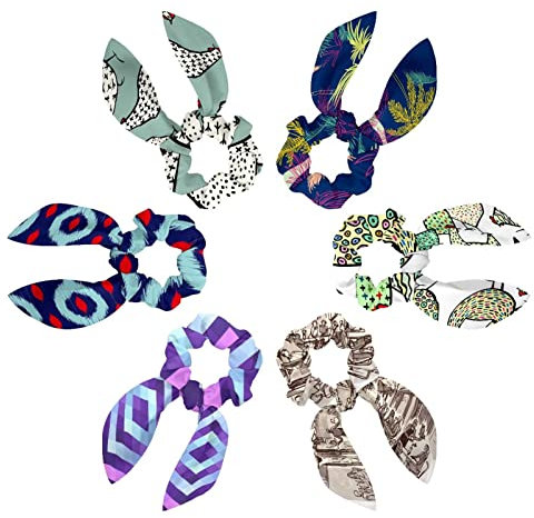 6PCS Hair Scarf Scruncheis for Women Girls, Ribbon Bow Elastic Hair Ties Bands Satin Hair Ribbon Scrunchy Ponytail Holder Accessories,Colored Palm Trees