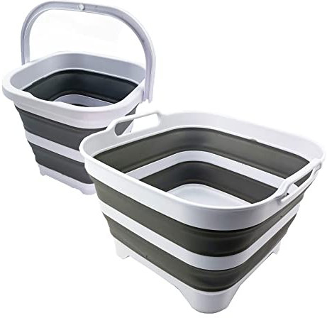 SAMMART 2-teiliges Camping-Set: zusammenklappbarer Eimer + tragbare Spülpfanne mit Ablassstopfen (Grau, 5L Eimer+10L Spülpfanne)