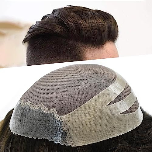 LYRICAL HAIR Mens Toupee Human Hair System Replacement for Men Monofilament Mens Hairpiece Poly PU Skin Hair Unit Prosthesis for Men Durable (8X10, #2 Darkest Brown-120% Med-light to Medium Density)