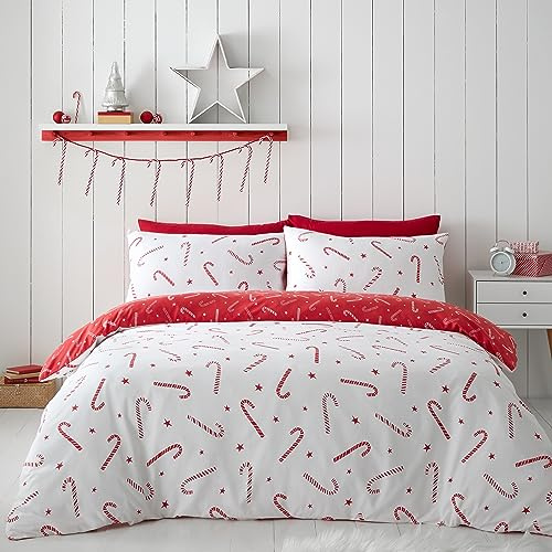 Catherine Lansfield Christmas Candy Cane Reversible King Duvet Cover Set with Pillowcases Red/White