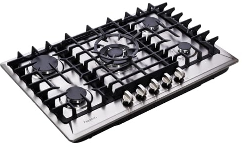 Yeakcco 30 Inch Gas Cooktop, Built-in 5 Burners Stainless Steel Stovetop Propane/Natural Gas Convertible Stove Top Dual Fuel Cooktop