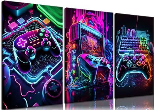 BGFCE Game Room Decor Posters Set of 3 - Neon Gaming Accessories Theme Canvas Wall Art, Gamer Console Paintings Picture Wall Decor for Children Youth Boys Bedroom 12x16 inch Framed
