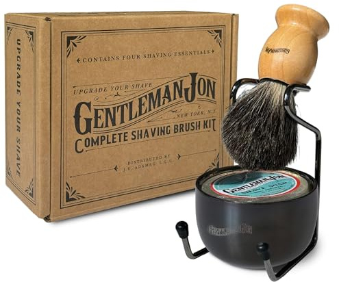 Gentleman Jon Complete Shaving Brush Kit – Old Fashion Shaving Kit for Men, Includes Shave Brush, Bowl, Soap & Stand, Vintage Wet Shave Mug, Barber-Style 4-Piece Gift Set, Men's Barber Accessories