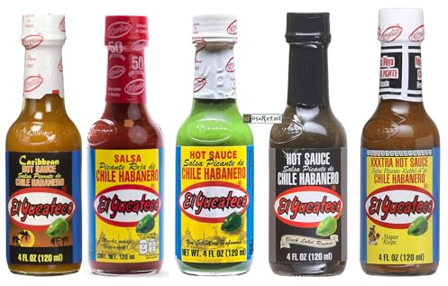 Pack E de x5 salsas picanetes de EL Yucateco de México | Salsa Negra, Salsa Roja, Salsa Verde, Salsa Caribeña y Salsa Kutbil-ik XXXtra | 5x120ml | Colección Completa