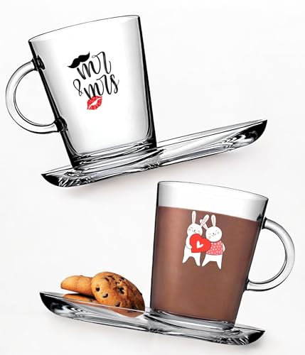 vienberg 4-tlg. Teeglas Set | 2x Gläser mit Henkel und 2x Unterteller | inkl. Liebe Love Paare Motive | Paar Geschenidee, Kaffeeglas, Teegläser, Geschenk Idee Glas Tasse, latte macchiato cappuccino
