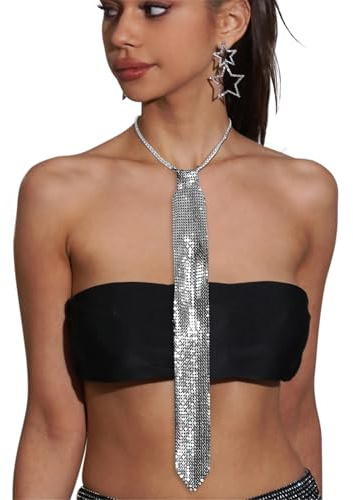 JIAHG Cravatta da festa con paillettes, papillon scintillante con paillettes per donna, accessorio disco anni '70, cravatta uniforme, carnevale, cosplay, costume da festa, argento, Taglia unica
