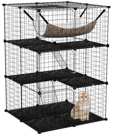FANTASK Gabbia in filo metallico a 3 piani, grande gabbia per gatti con lucernario, amaca, 2 scale e 3 porte, canili rimovibili, recinto per gatti piccoli animali interni, 74 x 74 x 107 cm (nero)