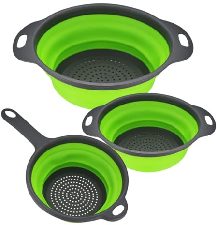 Kimbatex Kitchen – Set de 3 Escurridores Plegables de Silicona y Plástico Resistente, con Asas Antideslizantes, Ahorro de Espacio, Apto para Lavavajillas – Verde y Gris