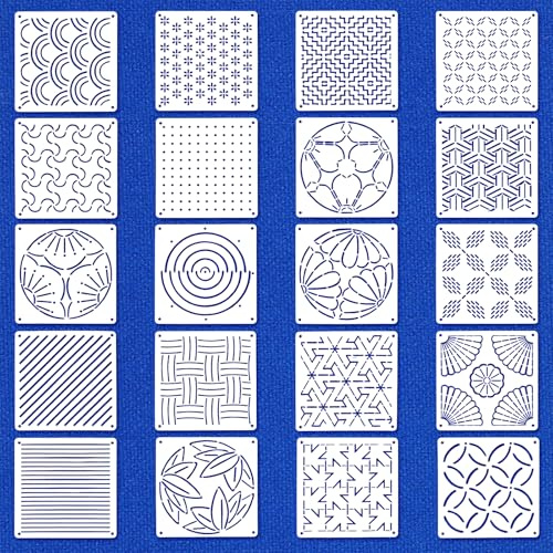 Quilax Set di 20 stencil Sashiko, 13 x 13 cm, in plastica Sashiko, stabilizzatori geometrici per ricamo a mano, per quilting e cucito, motivo geometrico