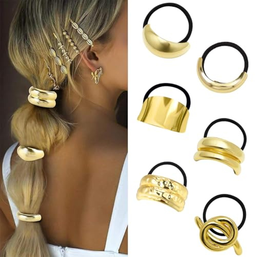 JYNXOR 6 Pcs Manchette de Cheveux, Or Bijoux Cheveux, Élastique Bijoux Cheveux, Chouchou Doré Élastiques, Élastiques à Cheveux en Métal, Elastique Cheveux pour Queue de Cheval Corde de Cheveux