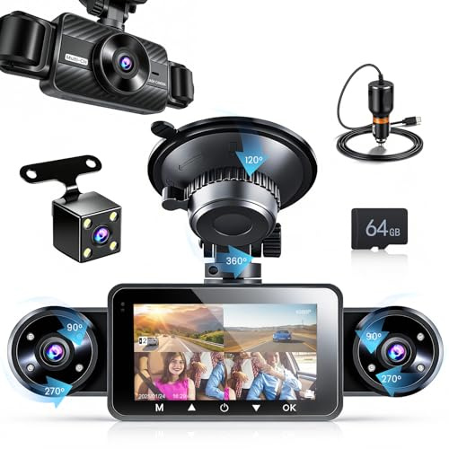 Hikity 360°Dashcam avec Carte SD 64G,4 Caméras avec Écran IPS 3 Pouces Dach Cam Voiture 1080P,Enregistrement en Boucle, Capteur G,Vision Nocturne,Parking Monitor