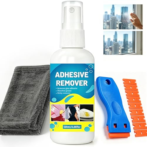 FALILUV Sticky Stuff Remover, Powerful Surface-Safe Adhesive Remover with Scraper And Towel, For Sticker Residue, Glue,Chewing Gum,Crayon,Decals,Labels,Tape On Glass,Car,Carpet,Metal,Tile(120ml)