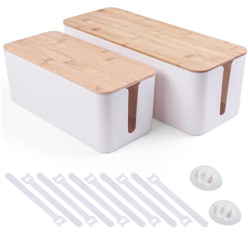 2 Pack Cable Management Box - Cord Organizer Box with Wooden Lid for TV Wires, Power Strips, Router, USB Hub & Under Desk Power: Baby & Pet Proof Cord Management, Cord Hider for Home & Office (White)