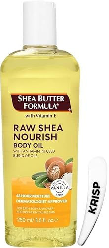 Shea Butter Formula Raw Shea Nourish Body Oil with Vitamin E, 250ml - Deep Moisturizing & Hydrating Body Oil for Dry Skin, Bath, Shower & Massage.(With Cosmetic Spatula)