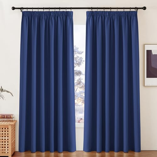 PONY DANCE Blackout Pencil Pleat Curtains, Blue, W90 x L90 Inch, 2 Panels | Thermal Insulated Curtains with Noise Reducing & Privacy, Luxury Soft Window Treatment for Bedroom & Living Room