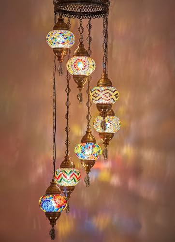 DEMMEX Lámpara de Araña de Mosaico Turco Marroquí – Lámpara de Techo Colgante Artesanal con Globos Personalizables de 12 cm – Iluminación Boho para Salón y Dormitorio, Altura 150 cm