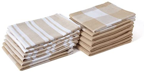 Encasa XO Küchenhandtücher und Waschlappen aus Baumwolle | Beige | Waffel- und Flachgewebe-Geschirrtuch | Geschirrtuch-Set | 70x45 cm | Wiederverwendbar und schnell trocknend 12er-Satz
