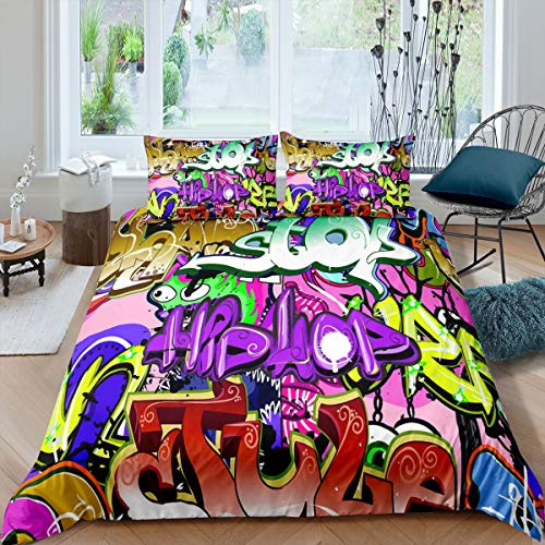Hip-Hop Comforter Cover Street Culture Graffiti Abstract Style Duvet Cover Colorful Brush Pattern Decor Bedding Set for Adult Teen Boys Hippie Theme Bedspread,1 Duvet Cover with 1 Pillow Case,Single