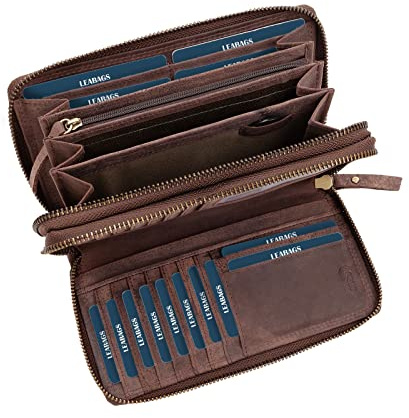 LEABAGS Leder Geldbörse Damen - Portemonnaie Gross mit RFID Schutz, Echtleder XXL Geldbeutel Damen Groß, 29 Kartenfächer Portmonee mit Münzfach, Doppelter Reißverschluss（ Nature Dunkelbraun）