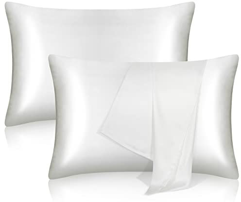 tenn well 2 Pack Mulberry Silk Pillowcases for Hair and Skin, Both Sides 100% Pure Silk Pillowcase 19 Momme Soft Smooth Pillow Case with Hidden Zipper (Standard 51 x 76cm, White)