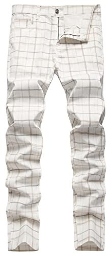 FEOYA Men's Plaid Chinos Dress Chino Trousers Slim Fit Suit Pants Stretch Straight Leg Trousers Fitted Cotton Checked Pant Zip Fly Casual Check Tartan Trouser Spring Autumn 01 Off White 32 Inch Waist