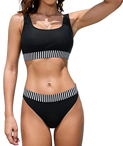 iSLASISIA Trajes de baño Deportivos para Mujer Bikini Acanalado con Top Corto de Dos Piezas con Parte Inferior atrevida(Rayas Negras,EU40)