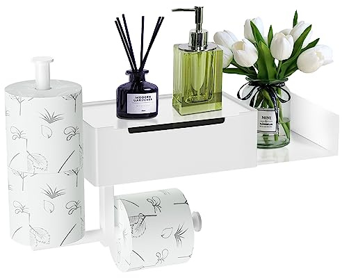 Porte Papier Toilette, Porte Papier Toilette Mural sans Perçage avec Étagères et Boîte à Lingettes Humides, Support Papier Toilette avec 2 Porte Rouleau pour Salle de Bain et Cuisine, Blanc